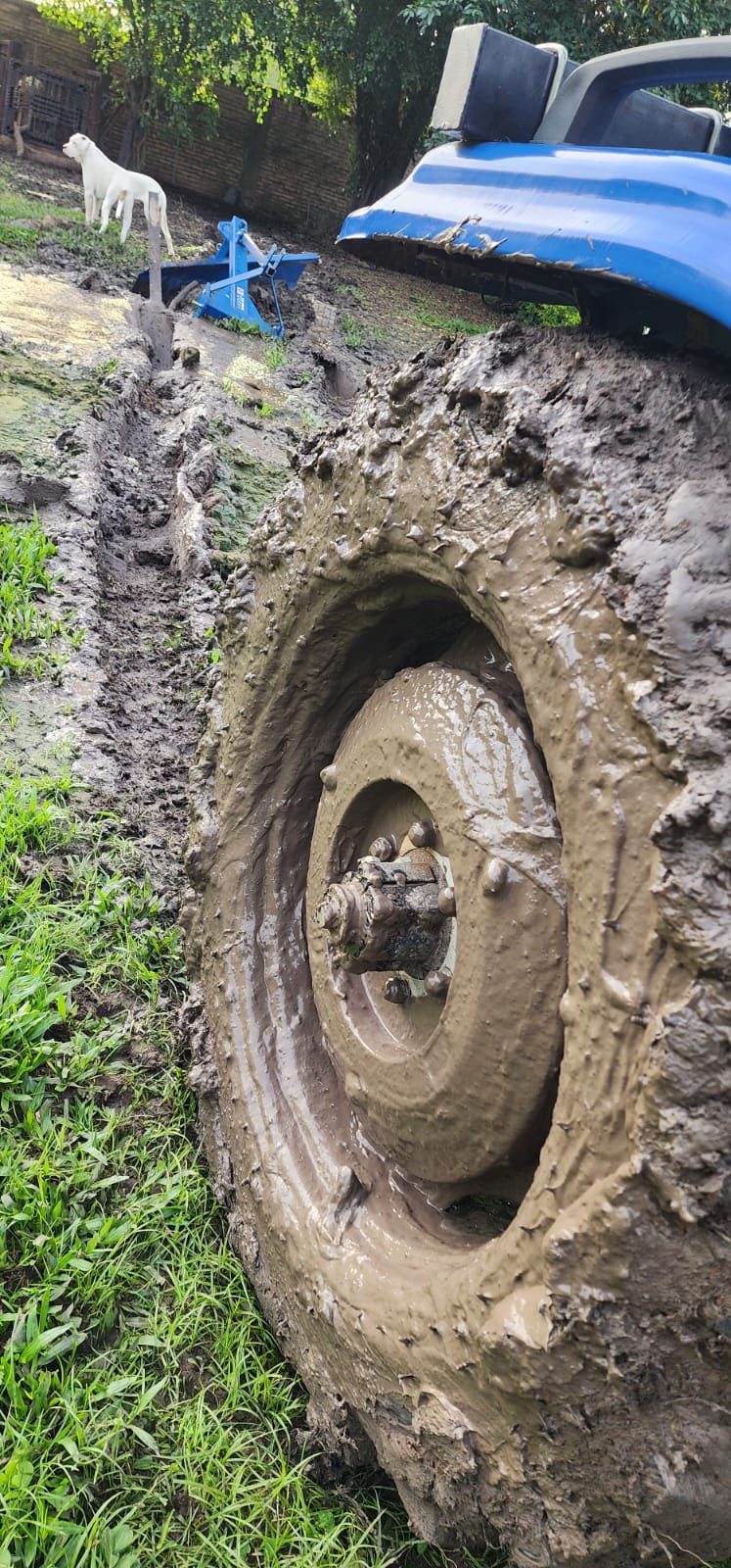 Rueda del tractor cubierta de barro tras una jornada de trabajo